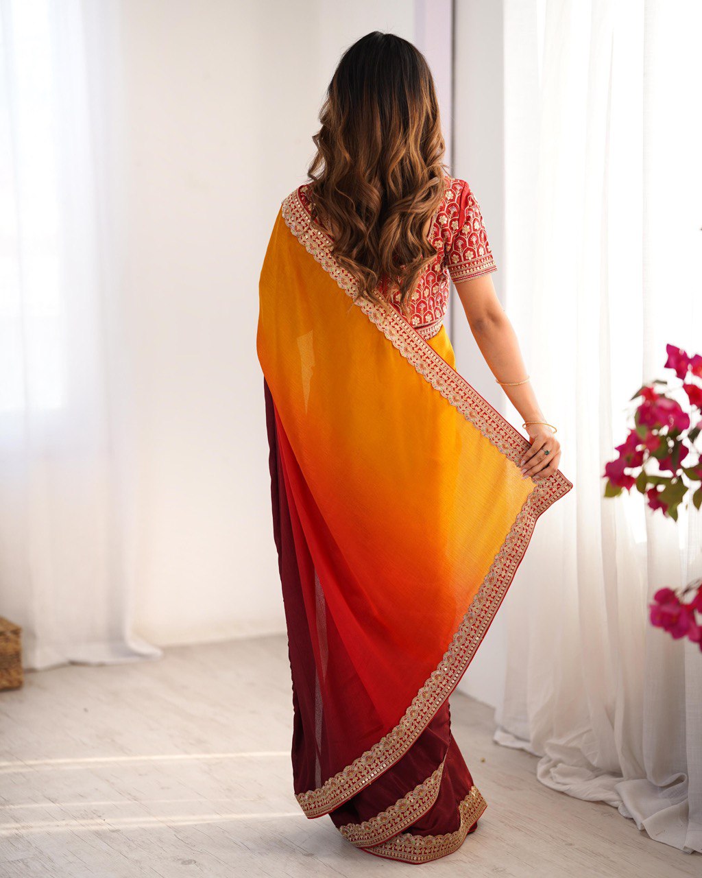 Women's Elegant Ombre Green Georgette Saree with Intricate Golden Zari & Stone Embellishments β Complete with Heavily Worked Blouse for Festive & Wedding Wear - Image 7