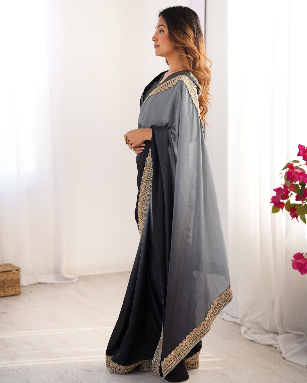 Women's Elegant Ombre Green Georgette Saree with Intricate Golden Zari & Stone Embellishments β Complete with Heavily Worked Blouse for Festive & Wedding Wear - Image 6