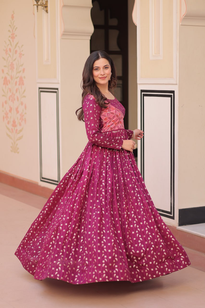 Women's Festive Berry Purple Printed Anarkali Gown with Intricate Zari Work & Embellished Yoke β Perfect for Traditional & Celebration Wear - Image 4